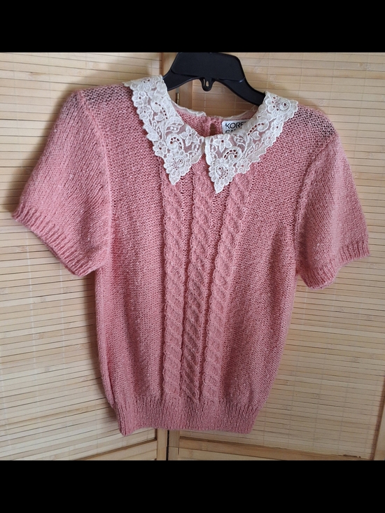 Koret Career Sweaters - Vintage Koret Pink Knit Top with White Lace Trim- Wool Blend
